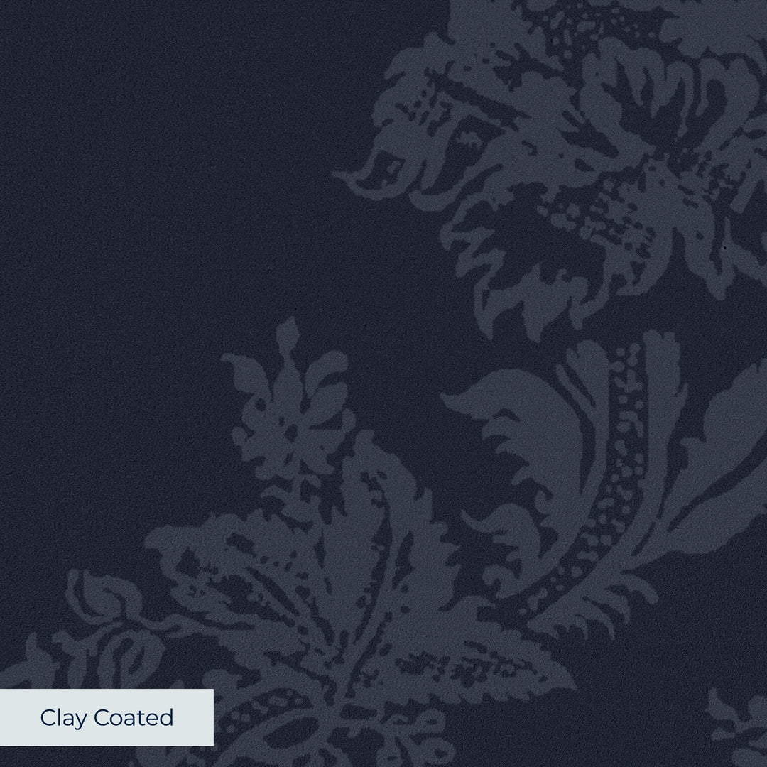 Navy early 20th century tone-on-tone brocade bouquets: clay-coated wallpaper closeup, smooth matte finish