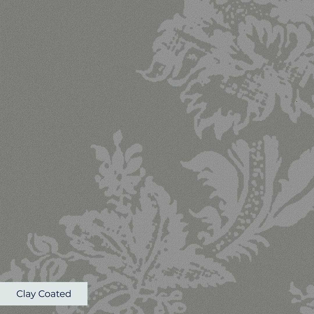 Grey-green early 20th century tone-on-tone brocade bouquets: clay-coated wallpaper closeup, smooth matte finish