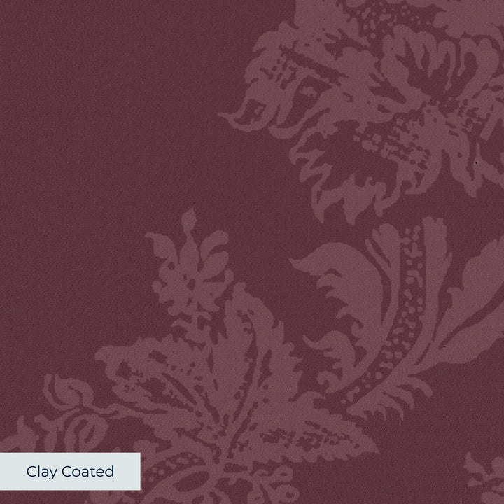 Dark purple early 20th century tone-on-tone brocade bouquets: clay-coated wallpaper closeup, smooth matte finish
