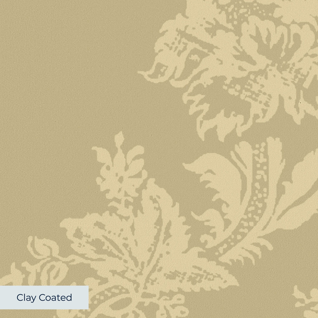 Gold early 20th century tone-on-tone brocade bouquets: clay-coated wallpaper closeup, smooth matte finish