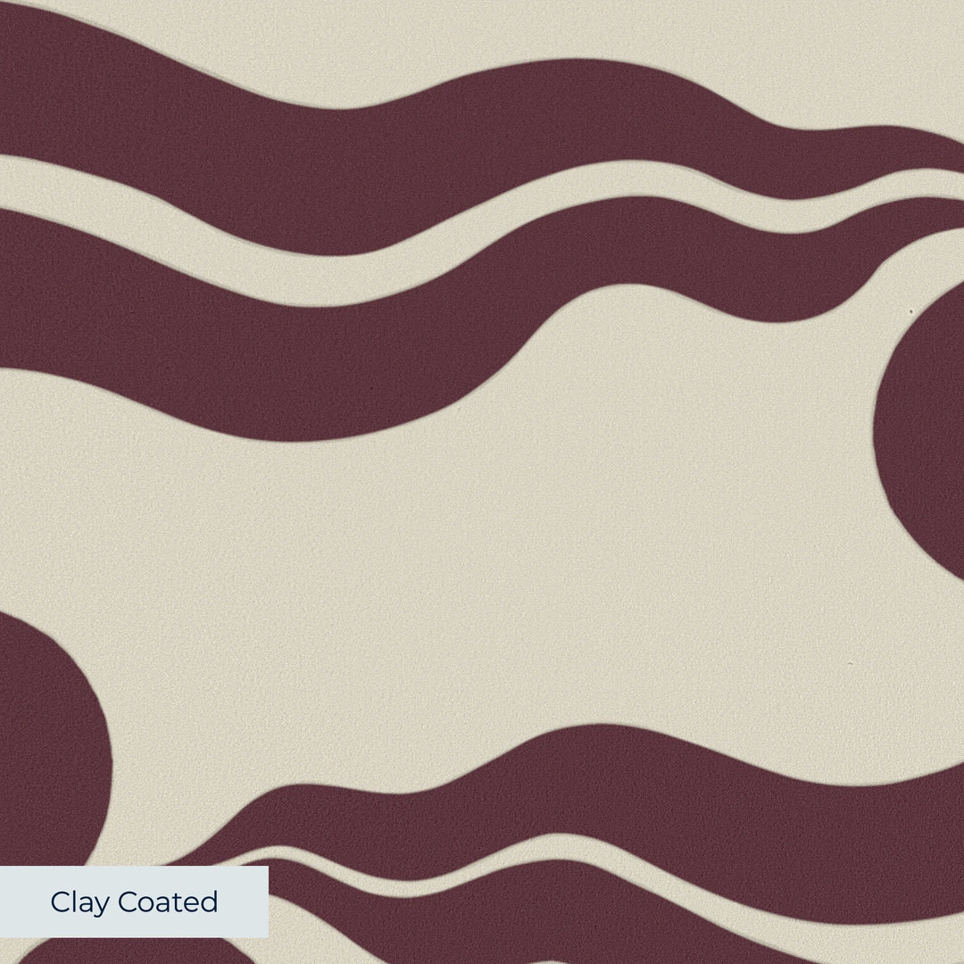 Chintamani Tiger in sandstone and blackcurrant: triple-disc chintamani roundels above paired wave bands, translated from a 15th-century Bursa silk velvet at The Metropolitan Museum of Art. clay-coated wallpaper closeup, smooth matte finish