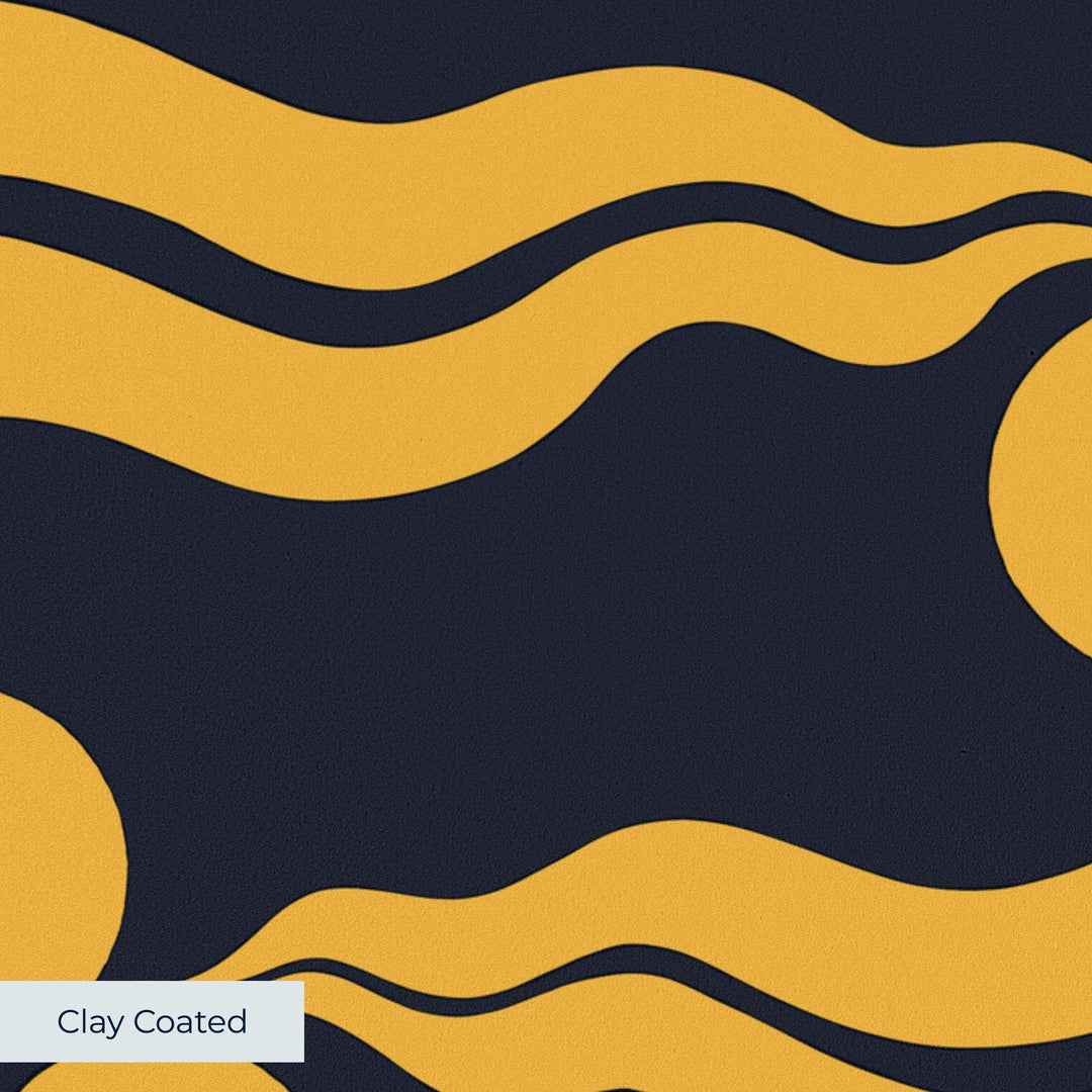 Chintamani Tiger in indigo and marigold: triple-disc chintamani roundels above paired wave bands, translated from a 15th-century Bursa silk velvet at The Metropolitan Museum of Art. clay-coated wallpaper closeup, smooth matte finish