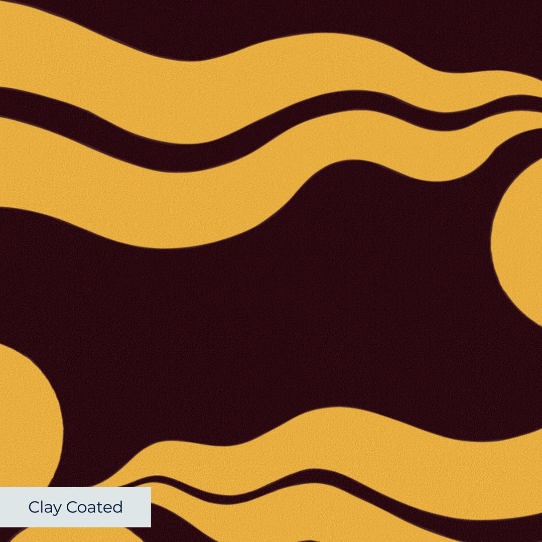 Chintamani Tiger in blackcurrant and marigold: triple-disc chintamani roundels above paired wave bands, translated from a 15th-century Bursa silk velvet at The Metropolitan Museum of Art. clay-coated wallpaper closeup, smooth matte finish