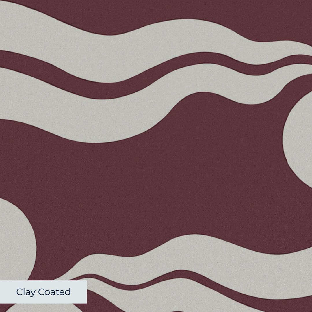 Chintamani Tiger in blackcurrant and travertine: triple-disc chintamani roundels above paired wave bands, translated from a 15th-century Bursa silk velvet at The Metropolitan Museum of Art. clay-coated wallpaper closeup, smooth matte finish