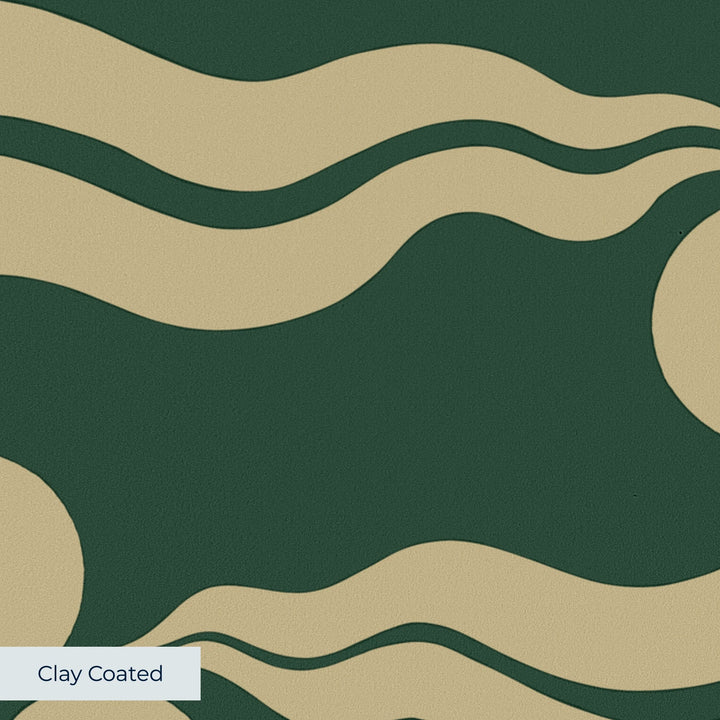 Chintamani Tiger in forest floor and flax: triple-disc chintamani roundels above paired wave bands, translated from a 15th-century Bursa silk velvet at The Metropolitan Museum of Art. clay-coated wallpaper closeup, smooth matte finish