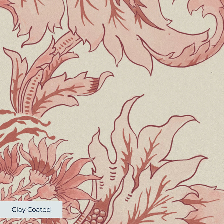 Ragged Poppy in Sandstone and Terracotta — terracotta poppy on a pale sandstone ground, large-scale block-printed floral repeat clay-coated wallpaper closeup, smooth matte finish