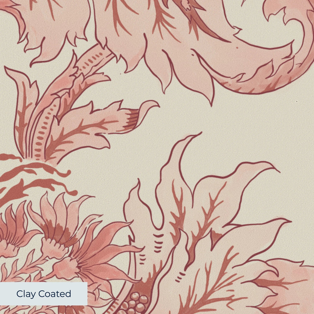Ragged Poppy in Sandstone and Terracotta — terracotta poppy on a pale sandstone ground, large-scale block-printed floral repeat clay-coated wallpaper closeup, smooth matte finish