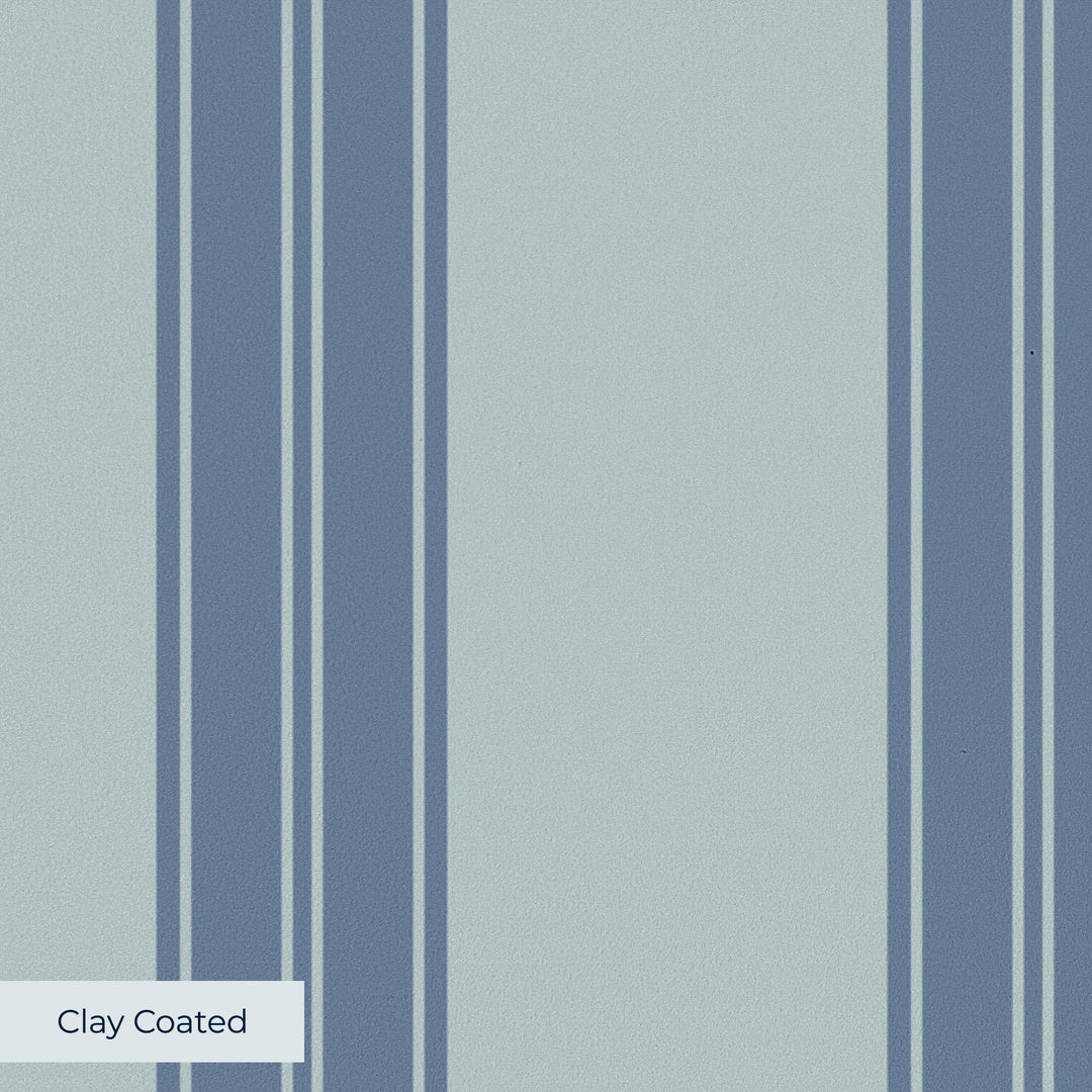 Muted blue 19th century double-band stripe on a pale grey ground: clay-coated wallpaper closeup, smooth matte finish