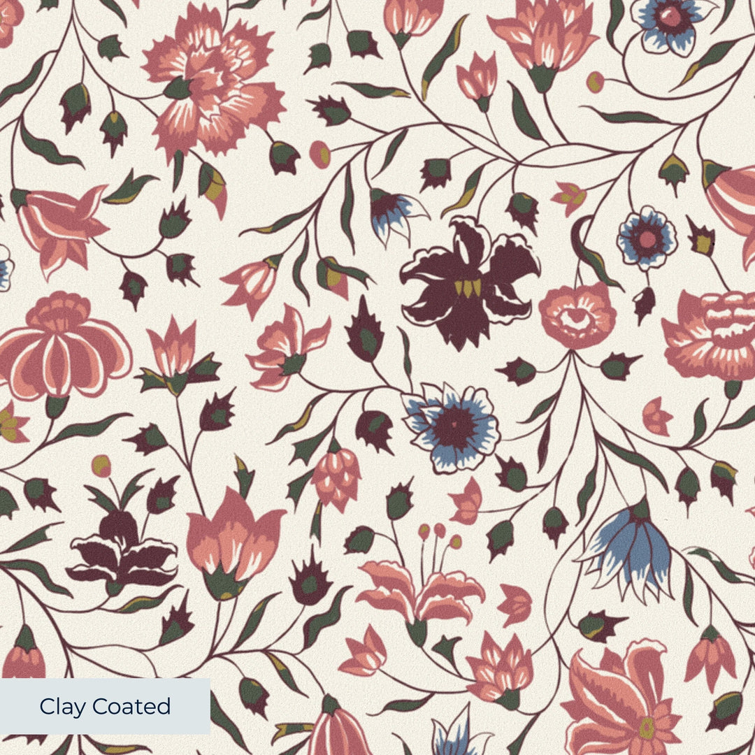 Red 18th century Indian chintz vine on a white ground: clay-coated wallpaper closeup, smooth matte finish