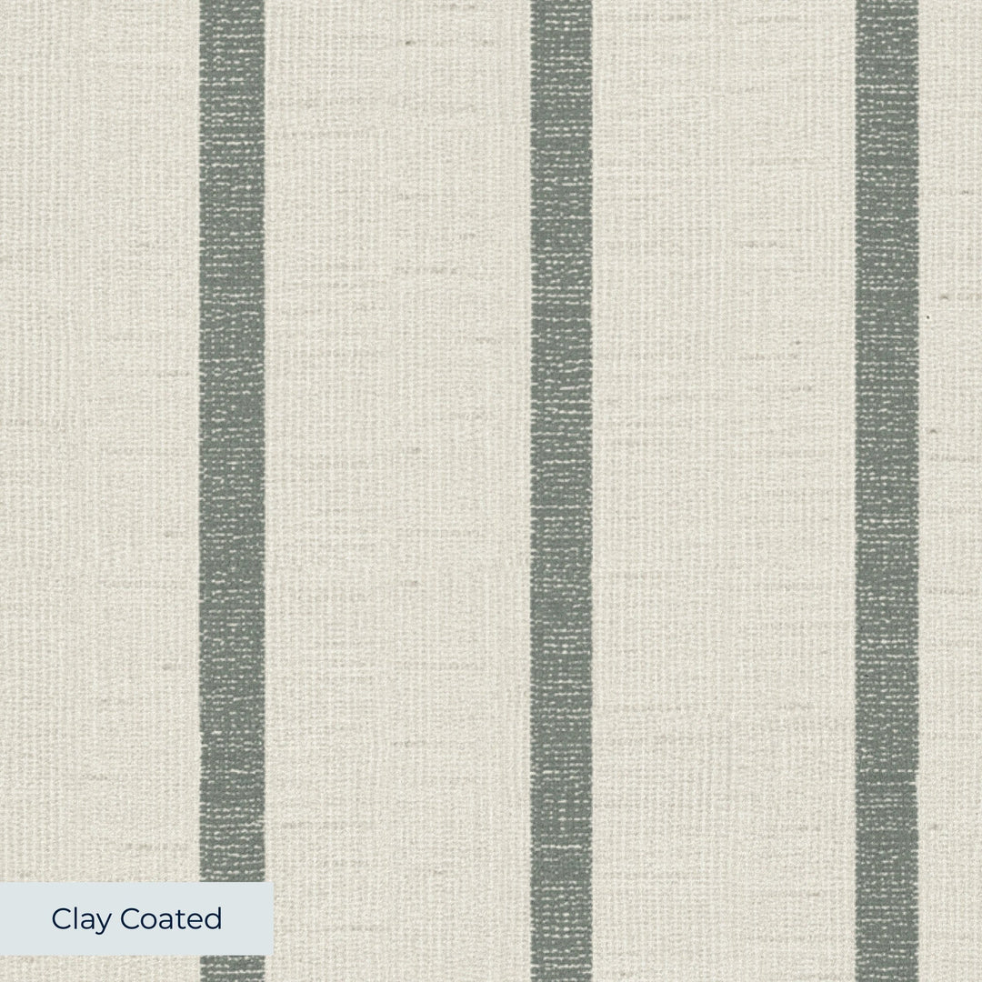 Grey-green woven-texture pencil stripe on a beige ground: clay-coated wallpaper closeup, smooth matte finish