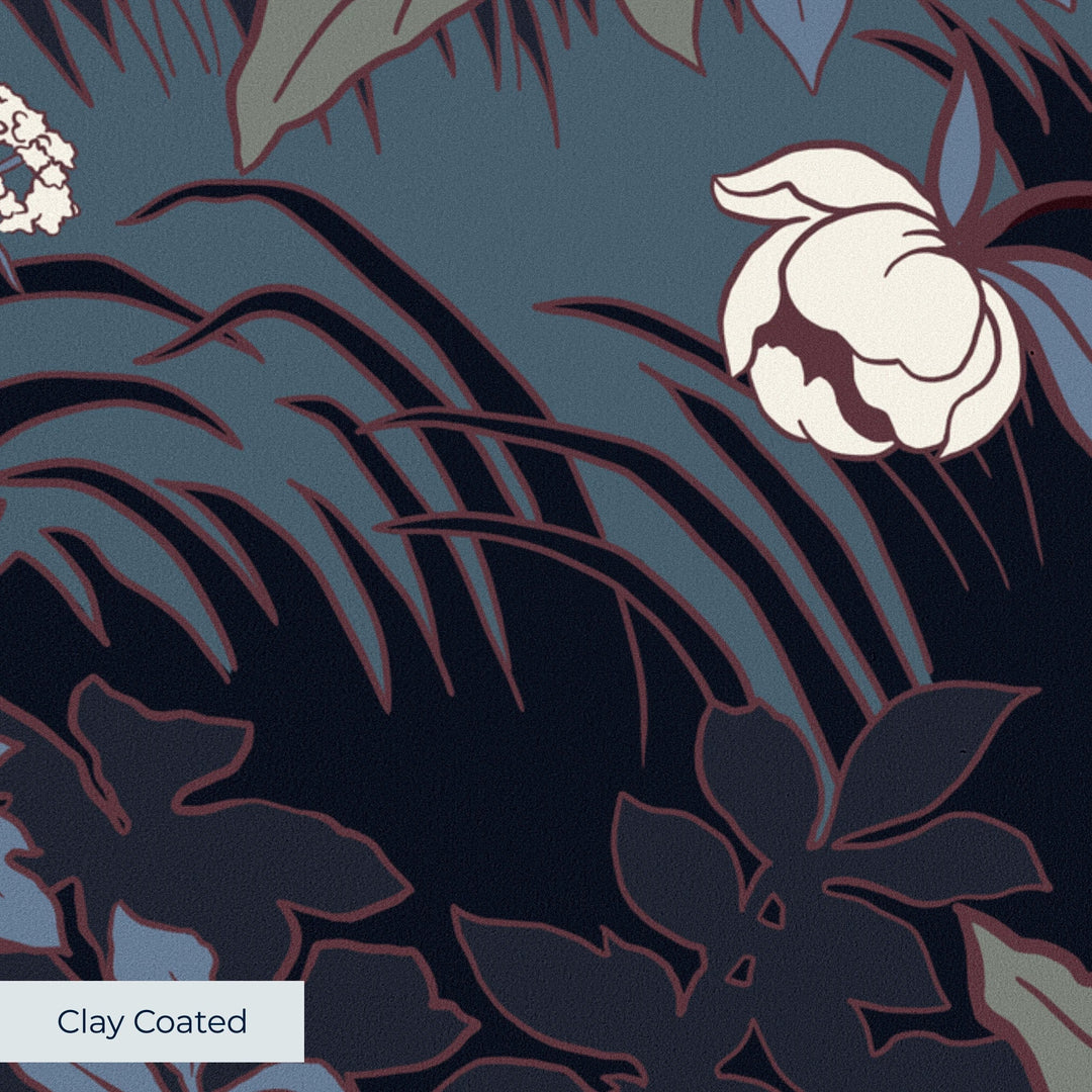 White 1890s Art Nouveau blooms and grasses on a navy ground: clay-coated wallpaper closeup, smooth matte finish