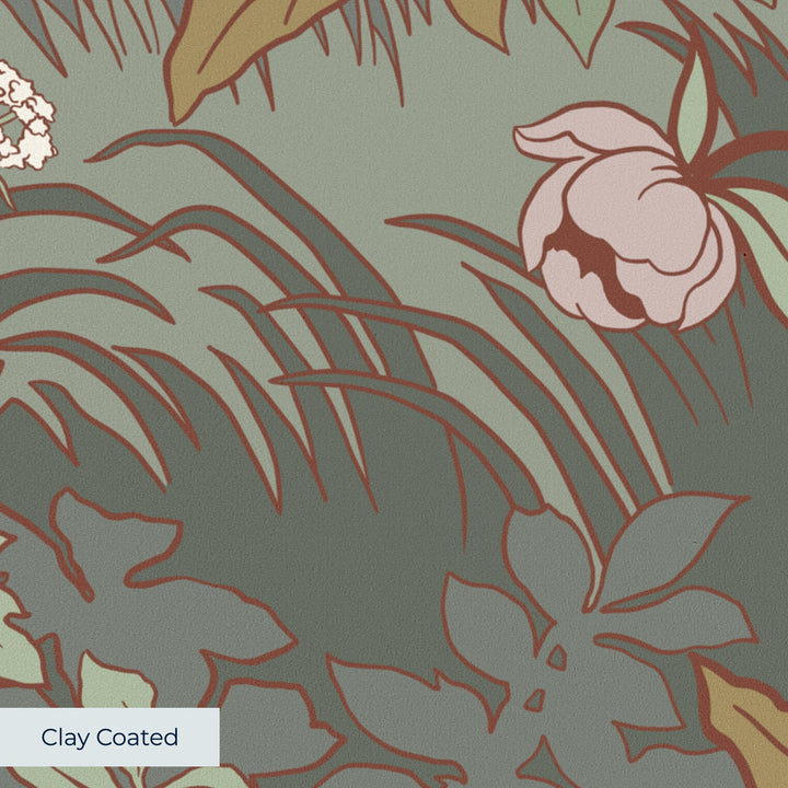 White 1890s Art Nouveau blooms and grasses on a grey-green ground: clay-coated wallpaper closeup, smooth matte finish