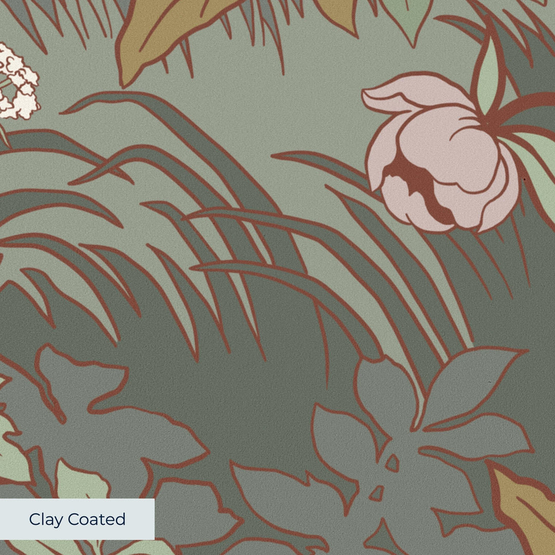 White 1890s Art Nouveau blooms and grasses on a grey-green ground: clay-coated wallpaper closeup, smooth matte finish