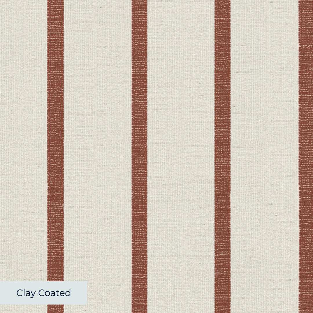 Brown woven-texture pencil stripe on a beige ground: clay-coated wallpaper closeup, smooth matte finish