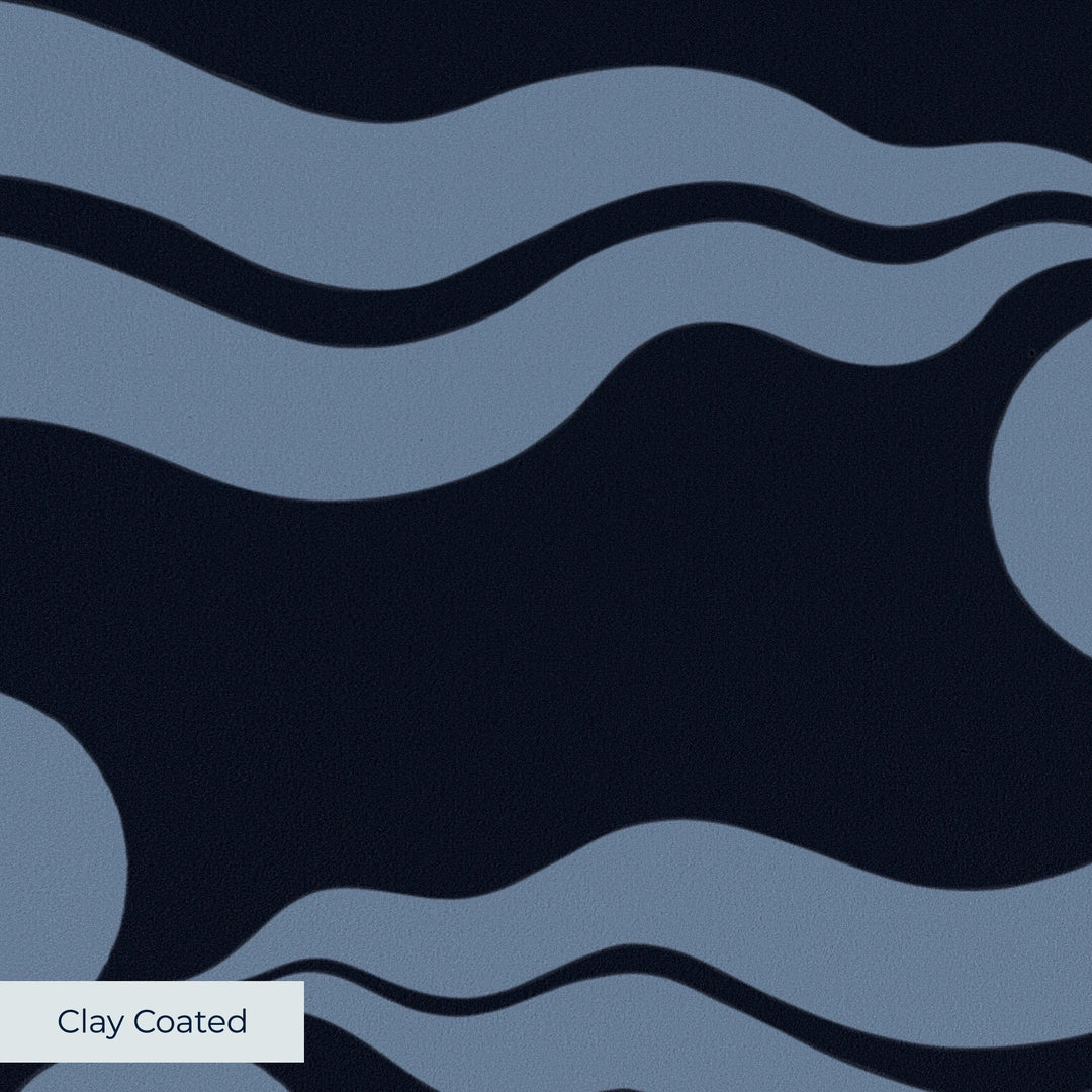 Chintamani Tiger in indigo and dusty blue: triple-disc chintamani roundels above paired wave bands, translated from a 15th-century Bursa silk velvet at The Metropolitan Museum of Art. clay-coated wallpaper closeup, smooth matte finish