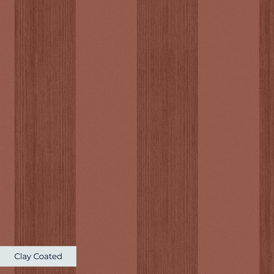 Warm brown 19th century equal-width stripe, darker bands striated: clay-coated wallpaper closeup, smooth matte finish