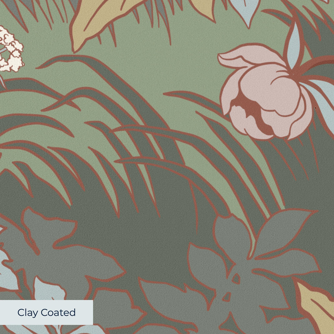 Pale grey 1890s Art Nouveau blooms and grasses on a grey-green ground: clay-coated wallpaper closeup, smooth matte finish