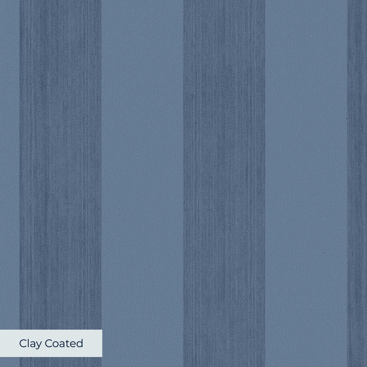 Muted blue 19th century equal-width stripe, deeper bands striated: clay-coated wallpaper closeup, smooth matte finish