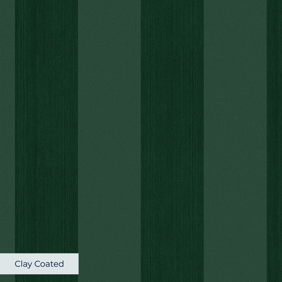 Deep green 19th century equal-width stripe, darker bands striated: clay-coated wallpaper closeup, smooth matte finish
