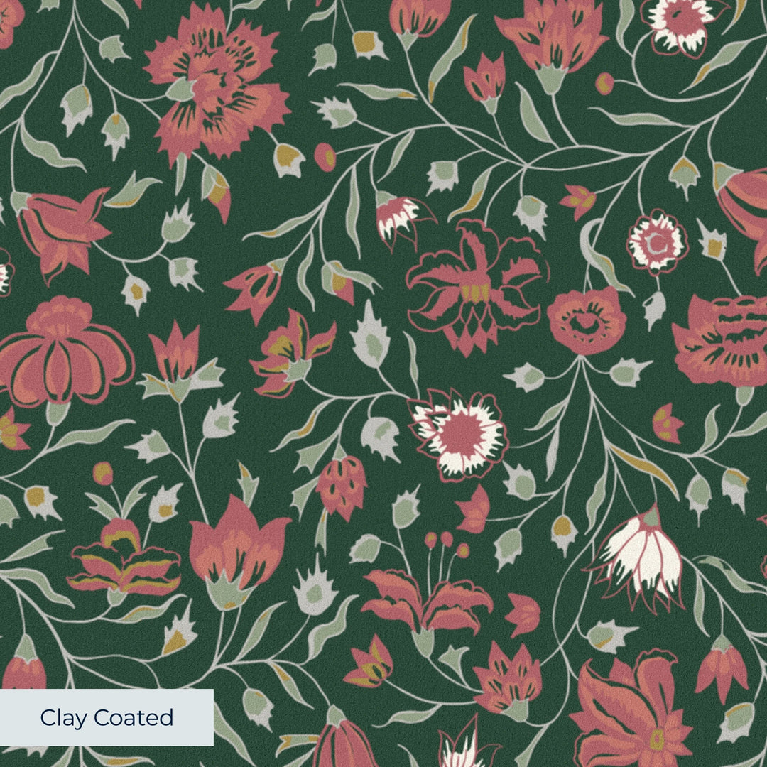 Red 18th century Indian chintz vine on a dark green ground: clay-coated wallpaper closeup, smooth matte finish