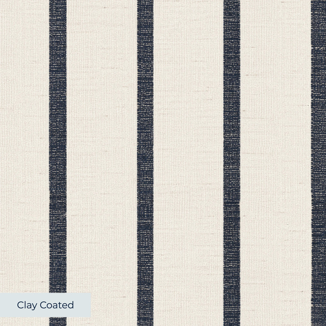 Navy woven-texture pencil stripe on a white ground: clay-coated wallpaper closeup, smooth matte finish