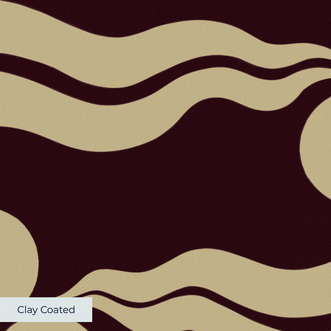 Chintamani Tiger in blackcurrant and flax: triple-disc chintamani roundels above paired wave bands, translated from a 15th-century Bursa silk velvet at The Metropolitan Museum of Art. clay-coated wallpaper closeup, smooth matte finish
