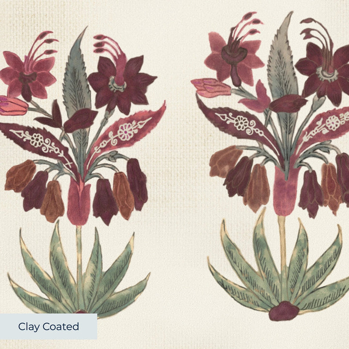 Dark purple 17th century Indian chintz sprigs on a white ground: clay-coated wallpaper closeup, smooth matte finish