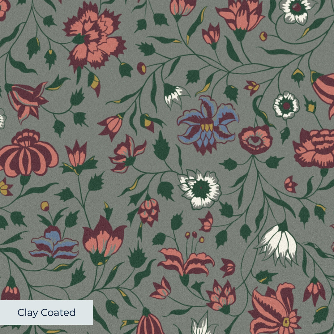 Dark purple 18th century Indian chintz vine on a grey-green ground: clay-coated wallpaper closeup, smooth matte finish