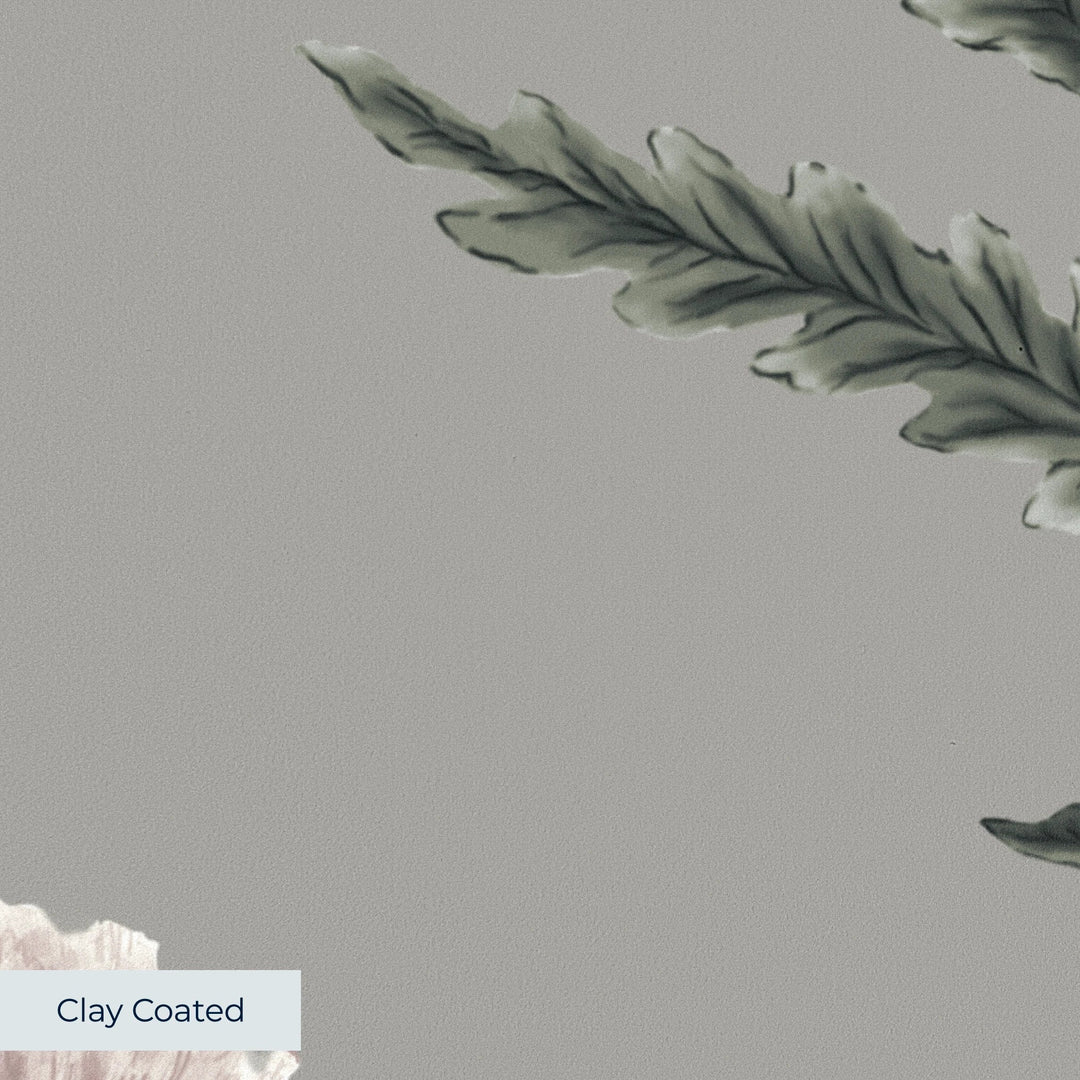 Pale pink 17th century Mughal poppy plants on a grey ground: clay-coated wallpaper closeup, smooth matte finish