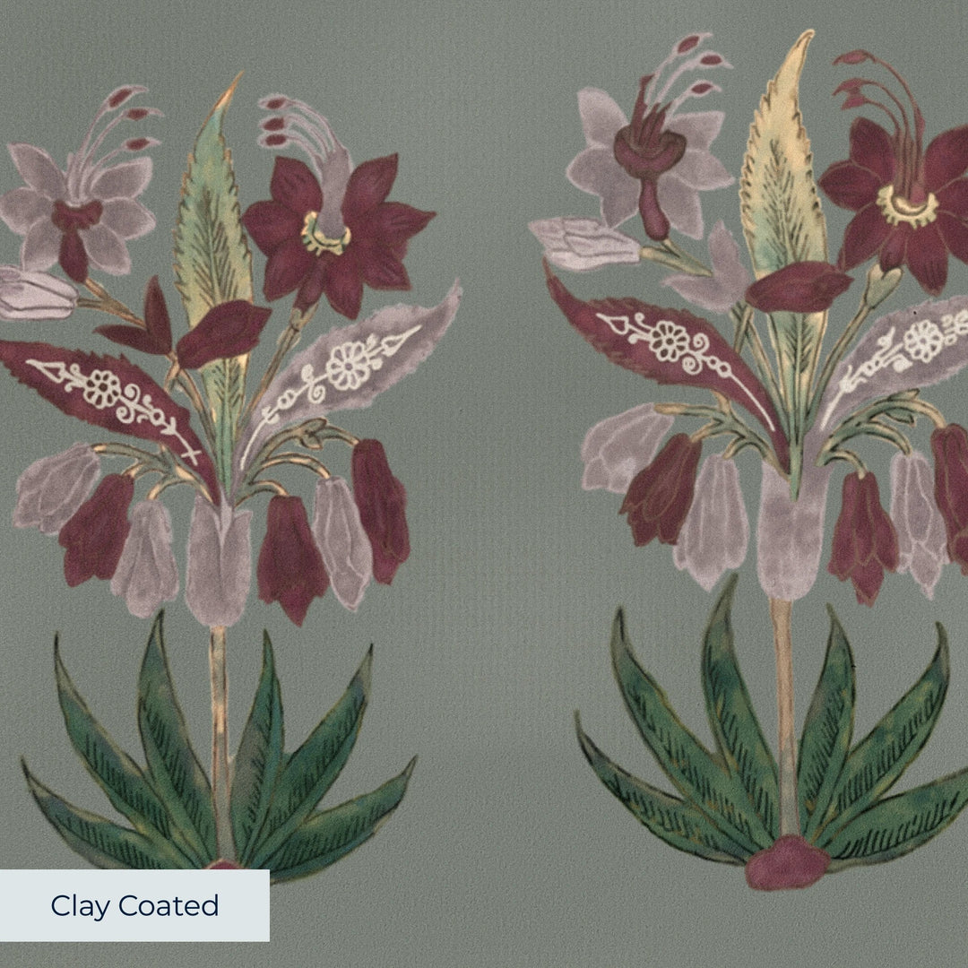 Dark purple 17th century Indian chintz sprigs on a grey-green ground: clay-coated wallpaper closeup, smooth matte finish
