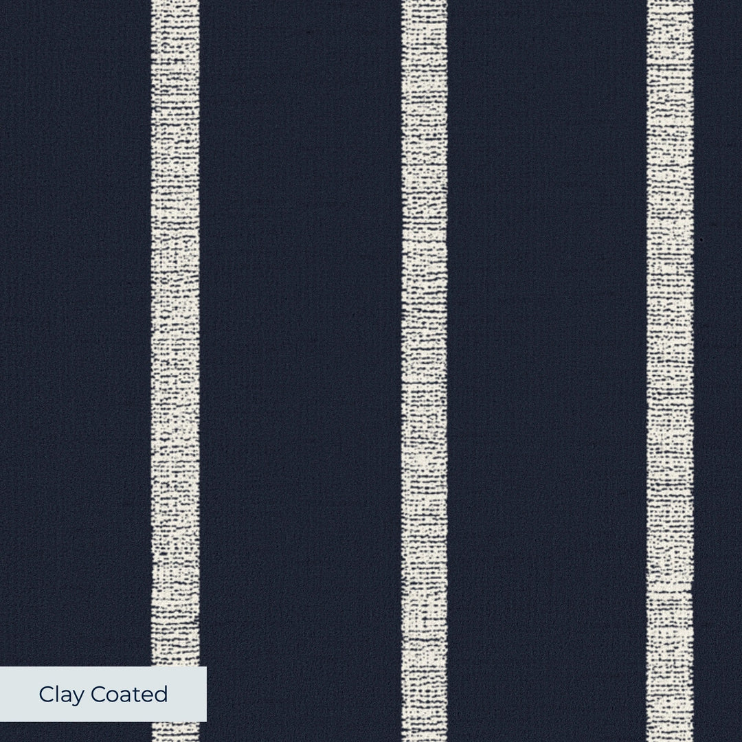 White woven-texture pencil stripe on a navy ground: clay-coated wallpaper closeup, smooth matte finish