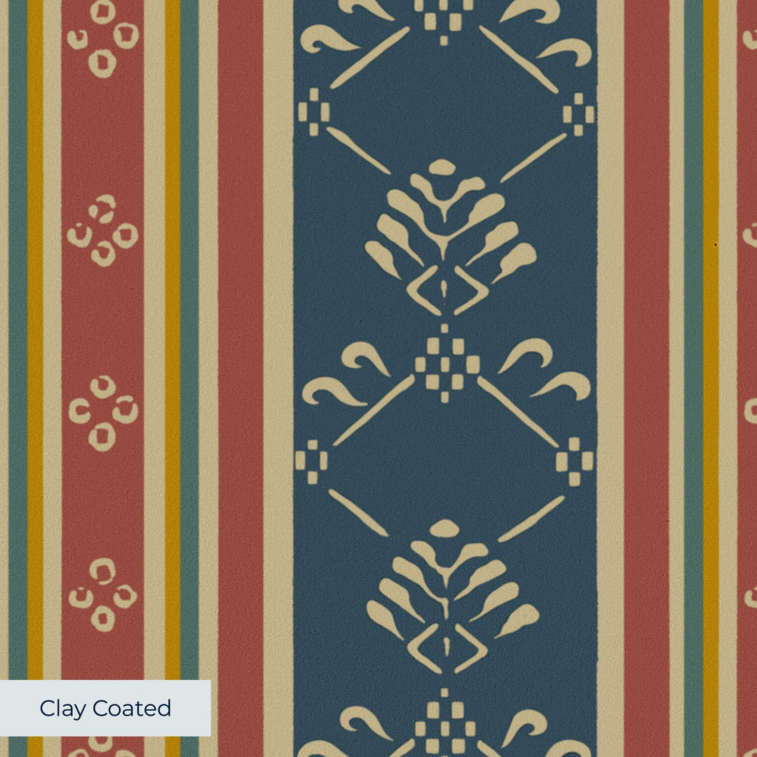 Blue-grey and red 18th century floral and lattice stripe: clay-coated wallpaper closeup, smooth matte finish