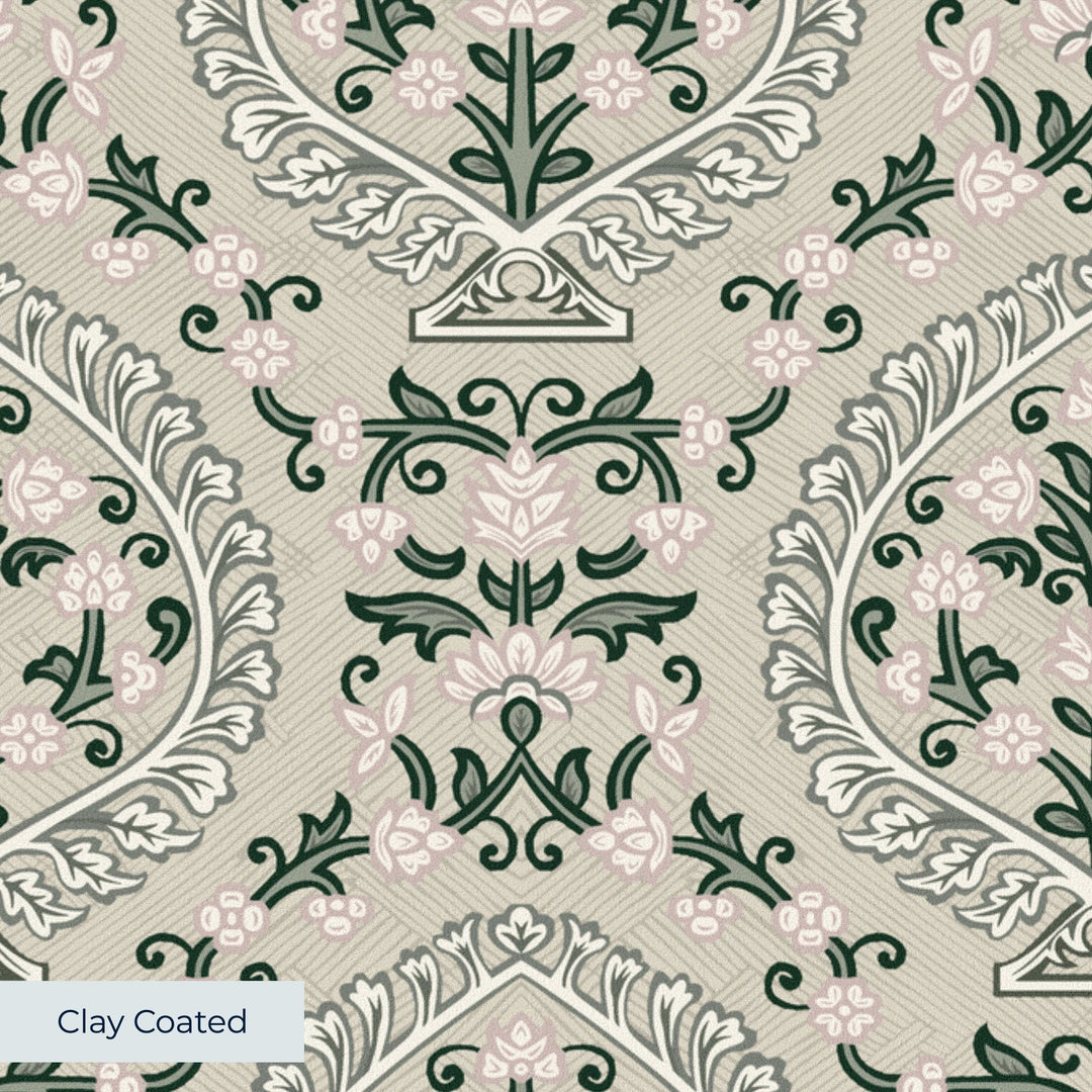 Varanasi Medallion in Sandstone and Ivory — sage-green pointed medallions enclosing flowering plants on a pale sandstone ground clay-coated wallpaper closeup, smooth matte finish