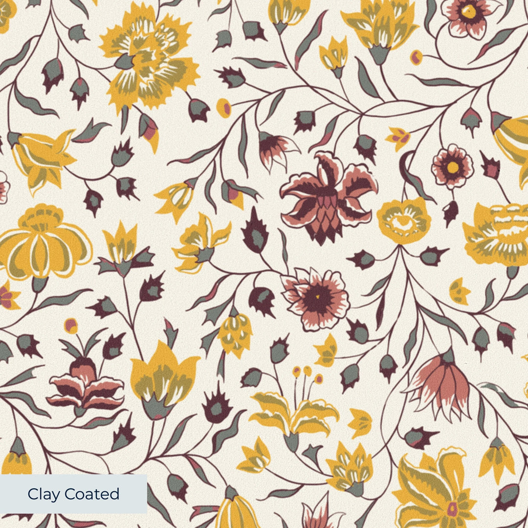 Yellow 18th century Indian chintz vine on a white ground: clay-coated wallpaper closeup, smooth matte finish