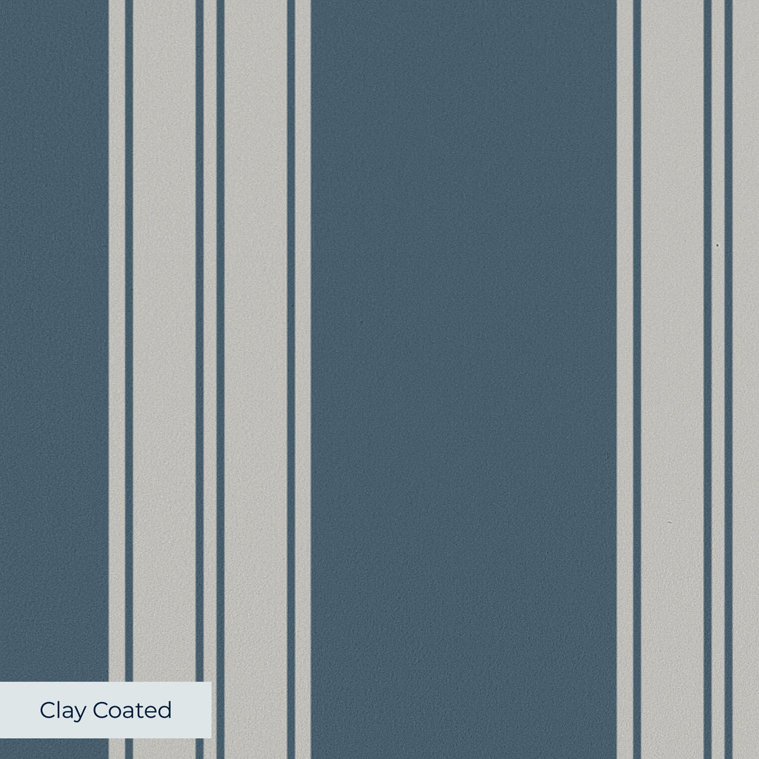 Grey 19th century double-band stripe on a blue-grey ground: clay-coated wallpaper closeup, smooth matte finish