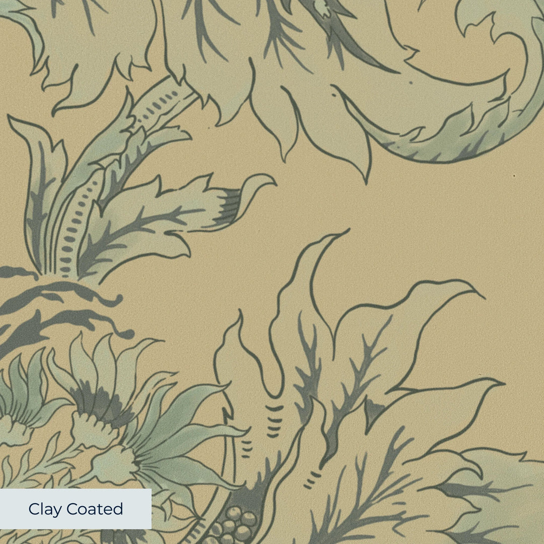 Ragged Poppy in Flax and Eucalyptus — soft green poppy on a flax ground, low-contrast large-scale block-printed floral repeat clay-coated wallpaper closeup, smooth matte finish