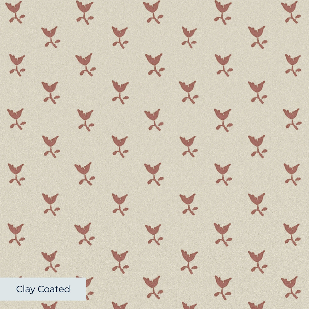 Warm brown Second Empire tulip silhouette on a pale greige ground: clay-coated wallpaper closeup, smooth matte finish