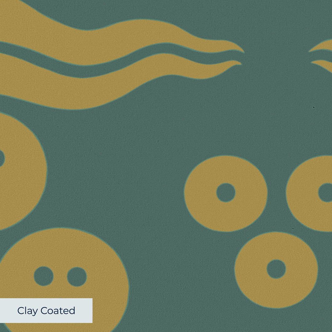 Gold 15th century Ottoman discs and waves on a medium green ground: clay-coated wallpaper closeup, smooth matte finish