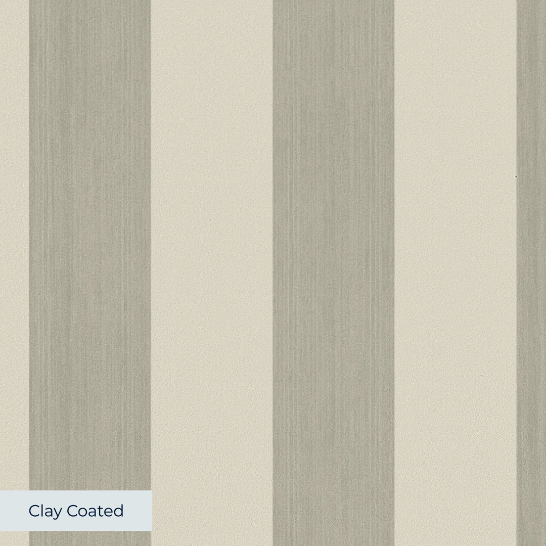 Warm greige 19th century equal-width stripe, deeper bands striated: clay-coated wallpaper closeup, smooth matte finish