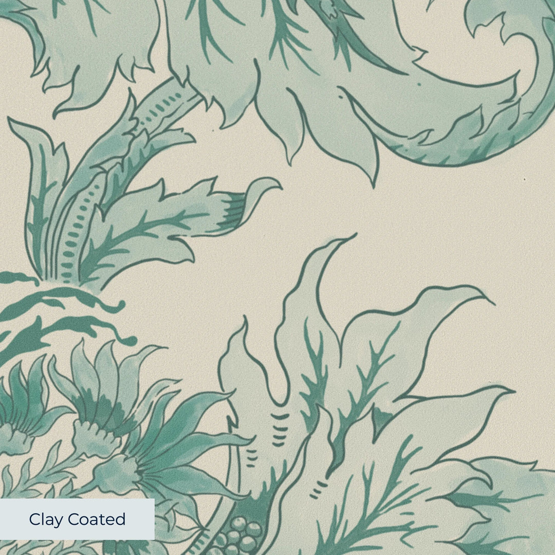 Ragged Poppy in Sandstone and Verdigris — green poppy on a warm sandstone ground, large-scale block-printed floral repeat clay-coated wallpaper closeup, smooth matte finish