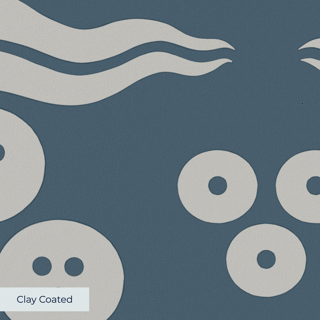 Grey 15th century Ottoman discs and waves on a blue-grey ground: clay-coated wallpaper closeup, smooth matte finish