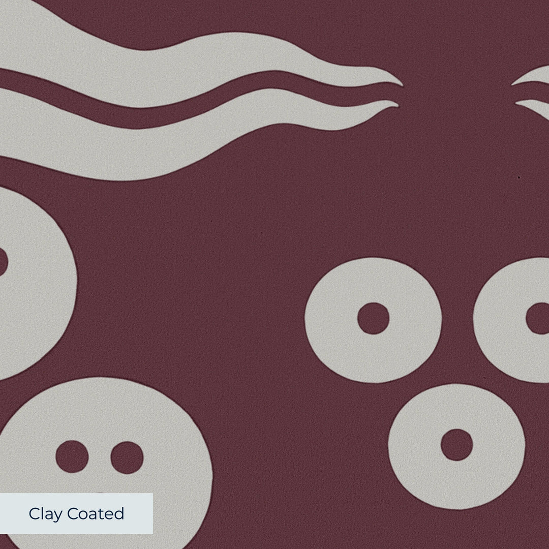 Grey 15th century Ottoman discs and waves on a dark purple ground: clay-coated wallpaper closeup, smooth matte finish