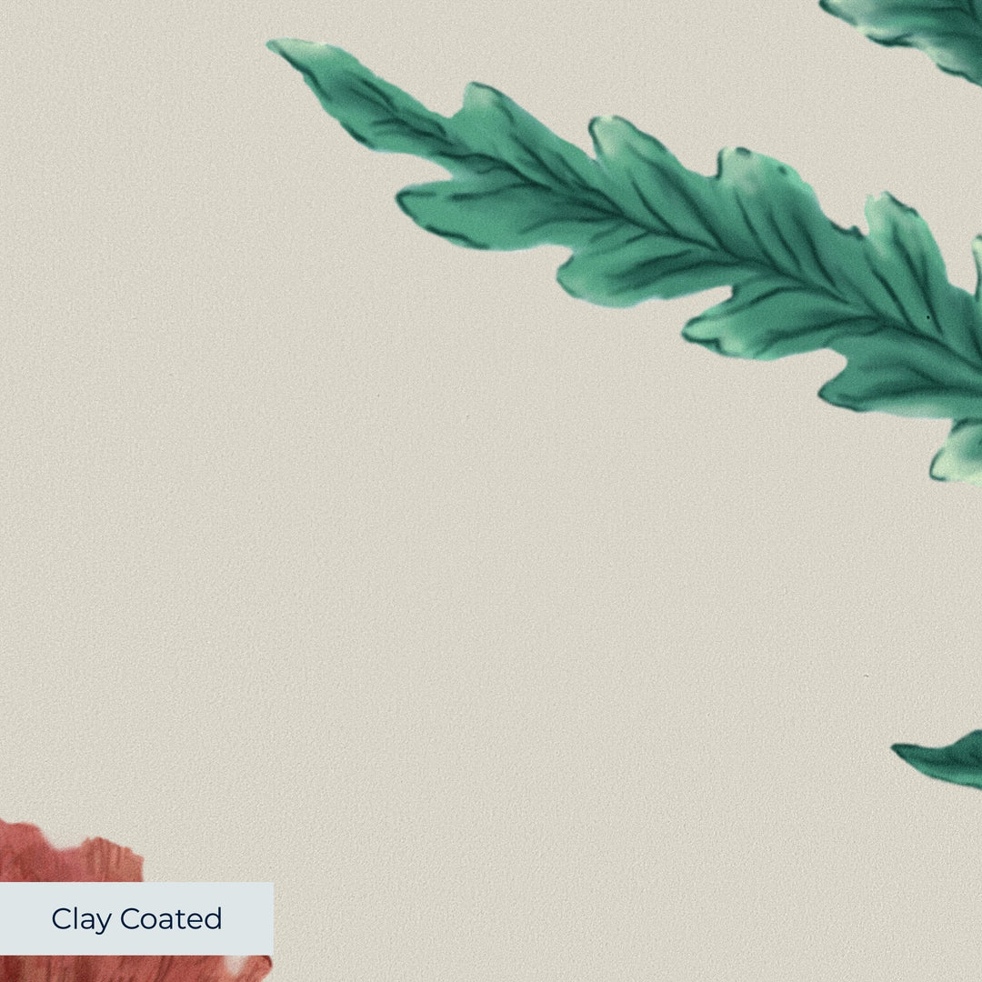 Red and green 17th century Mughal poppy plants on a beige ground: clay-coated wallpaper closeup, smooth matte finish
