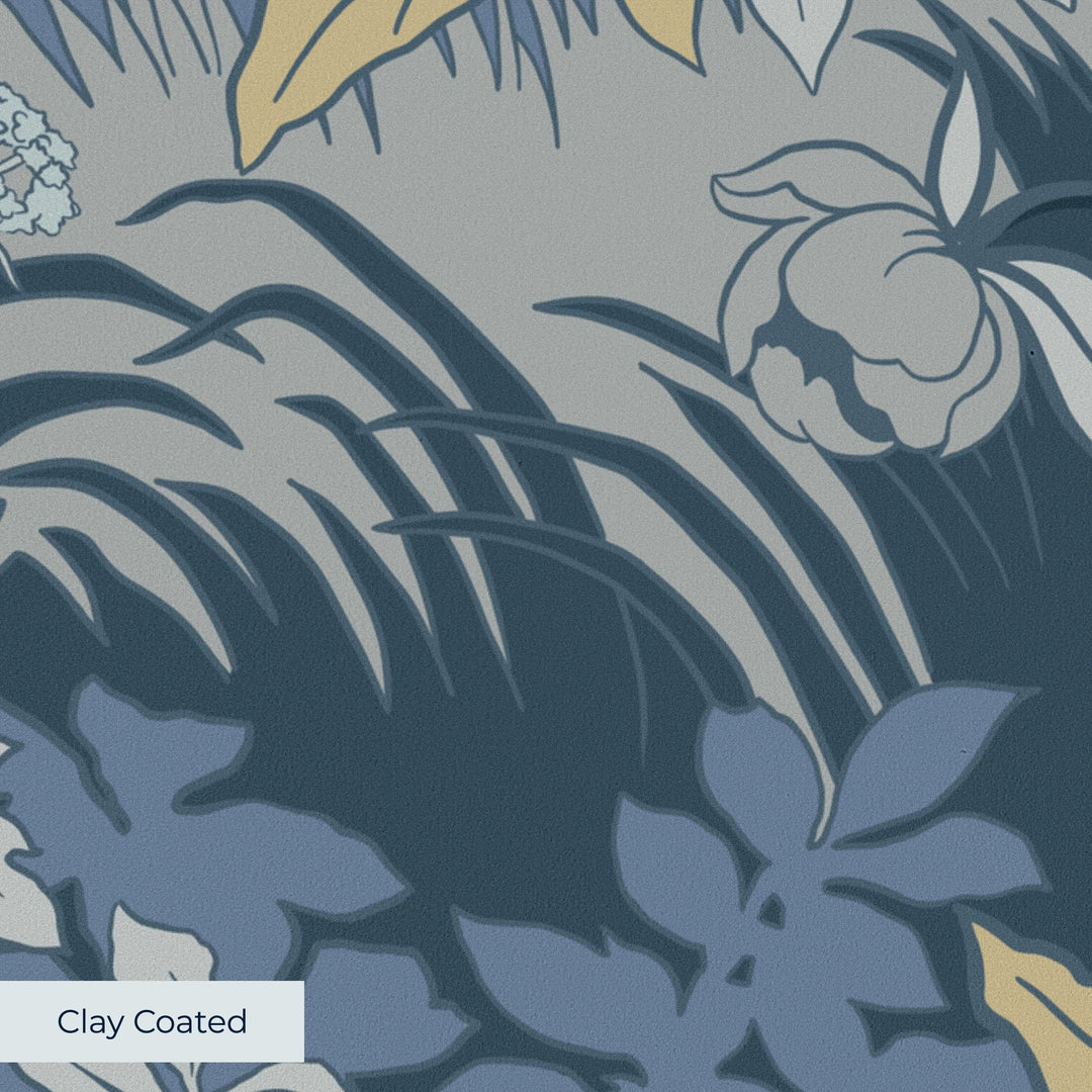 Pale grey 1890s Art Nouveau blooms and grasses on a blue-grey ground: clay-coated wallpaper closeup, smooth matte finish