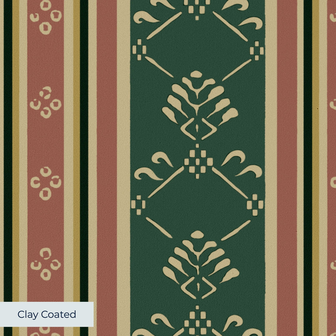 Dark green and brown 18th century floral and lattice stripe: clay-coated wallpaper closeup, smooth matte finish