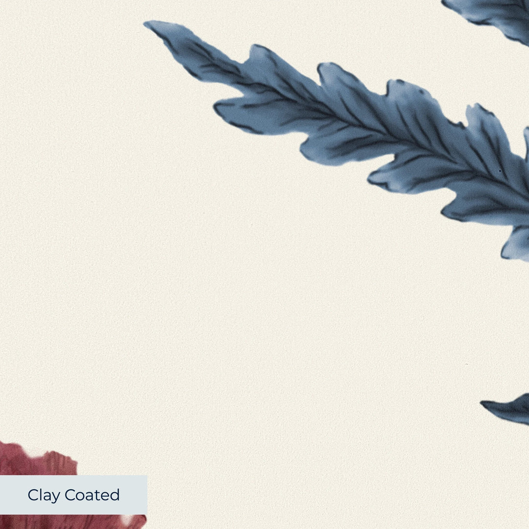 Red 17th century Mughal poppy plants on a white ground: clay-coated wallpaper closeup, smooth matte finish