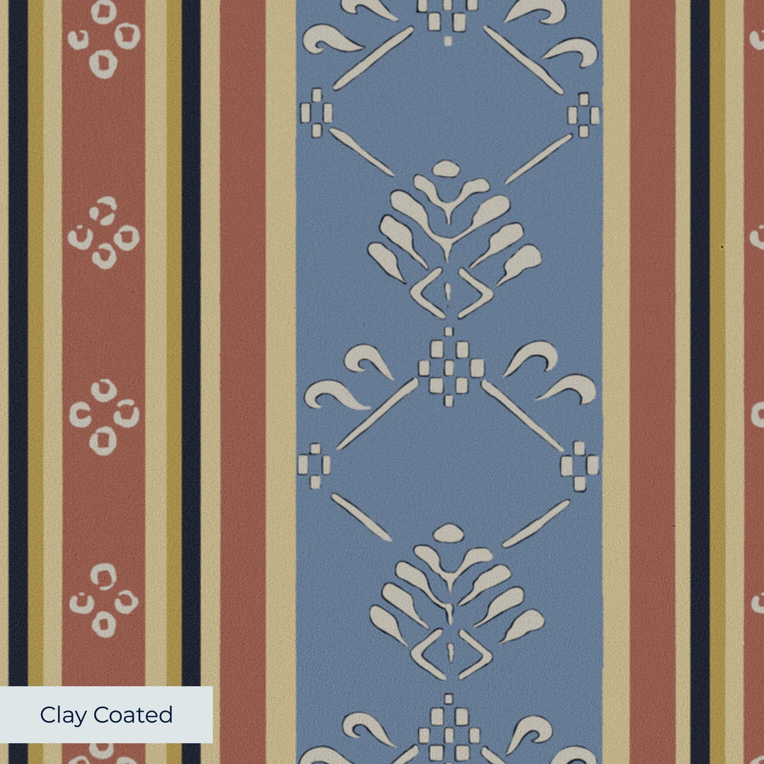 Muted blue and brown 18th century floral and lattice stripe: clay-coated wallpaper closeup, smooth matte finish