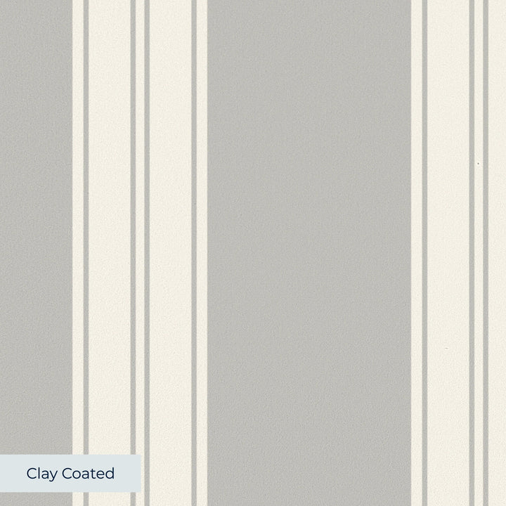 White 19th century double-band stripe on a grey ground: clay-coated wallpaper closeup, smooth matte finish