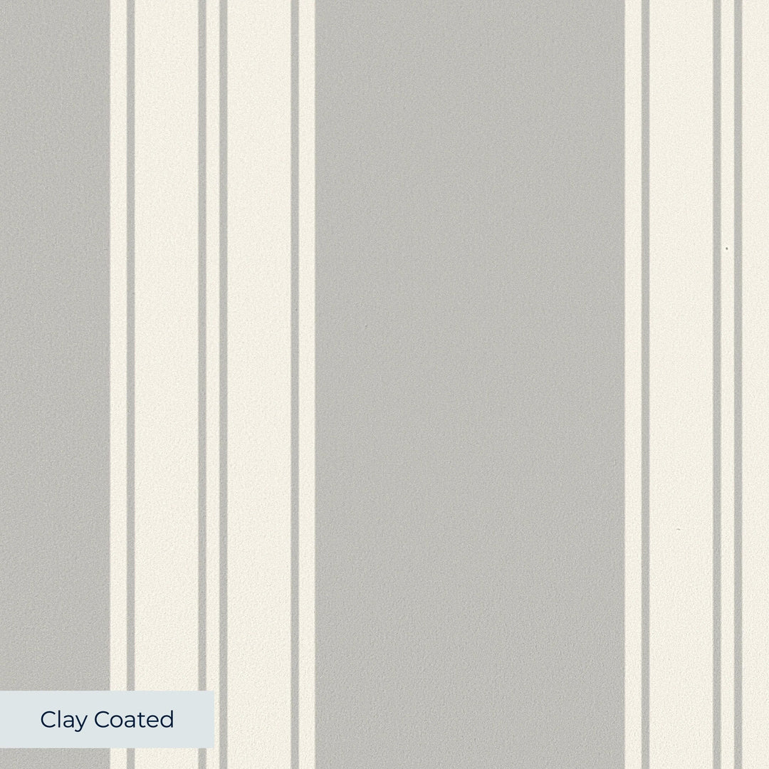 White 19th century double-band stripe on a grey ground: clay-coated wallpaper closeup, smooth matte finish