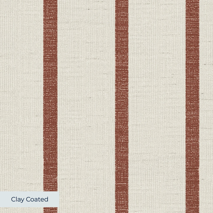 Brown woven-texture pencil stripe on a beige ground: clay-coated wallpaper closeup, smooth matte finish